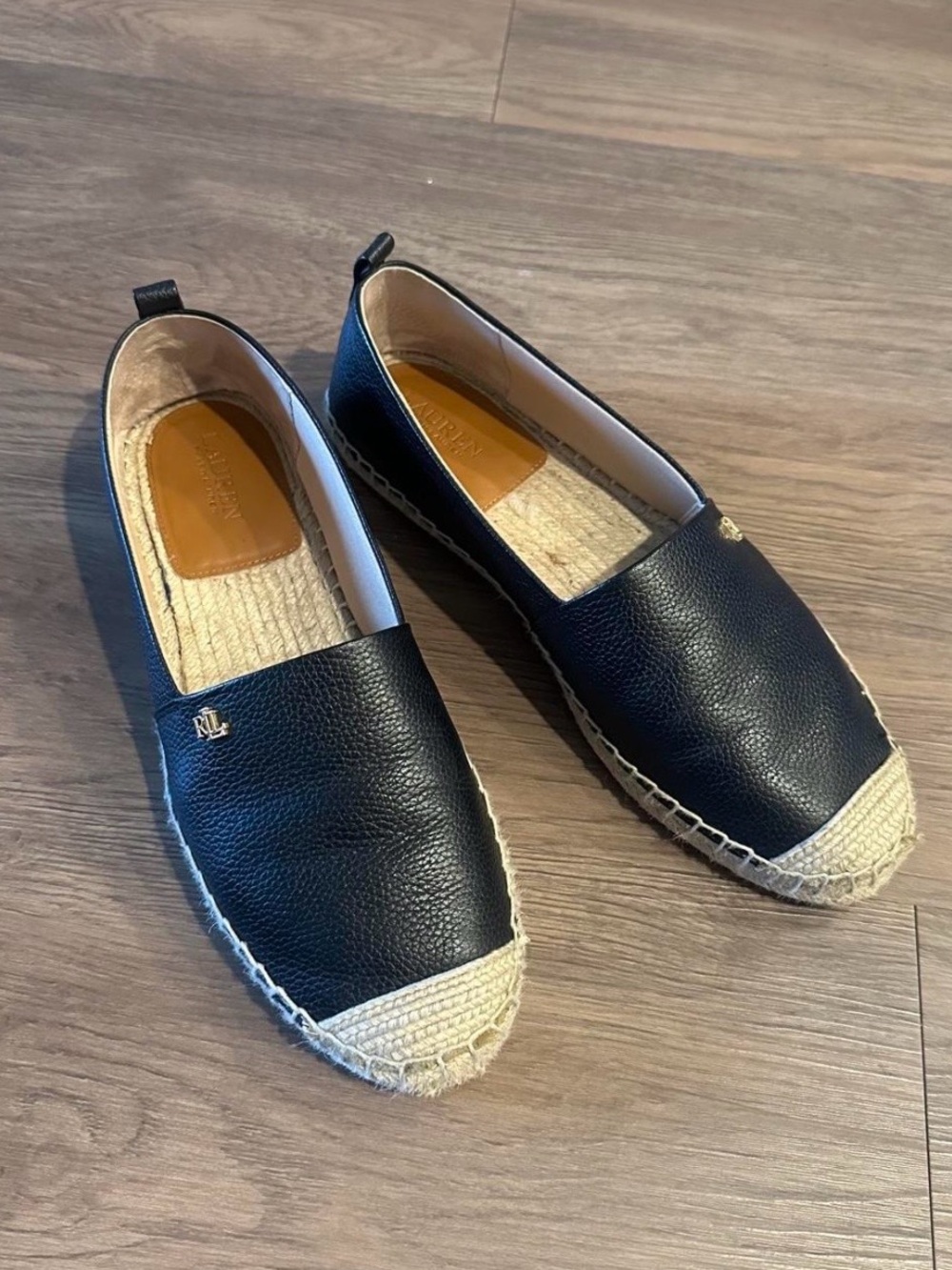 Ralph Lauren Black Leather Espadrille Flats with Natural Jute Toe